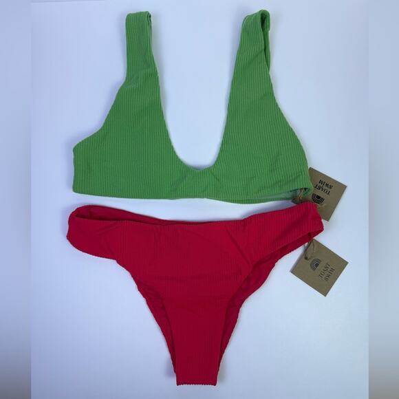 NWT Free People x Toast Swim Bikini Bundle Green, Coral And Rainbow Rib Sz XS - Picture 2 of 11